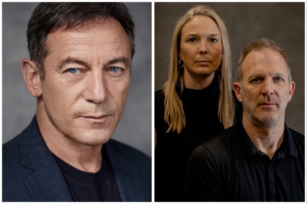 Split image: left shows a man in a dark blazer posing for a portrait; right shows a blonde woman behind a man in a black shirt, both posed against a dark background.