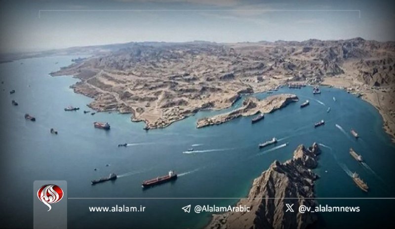 Aerial graphic illustration showing numerous cargo ships navigating blue waterways through a vast arid, mountainous desert landscape, with a news network logo and website displayed below.