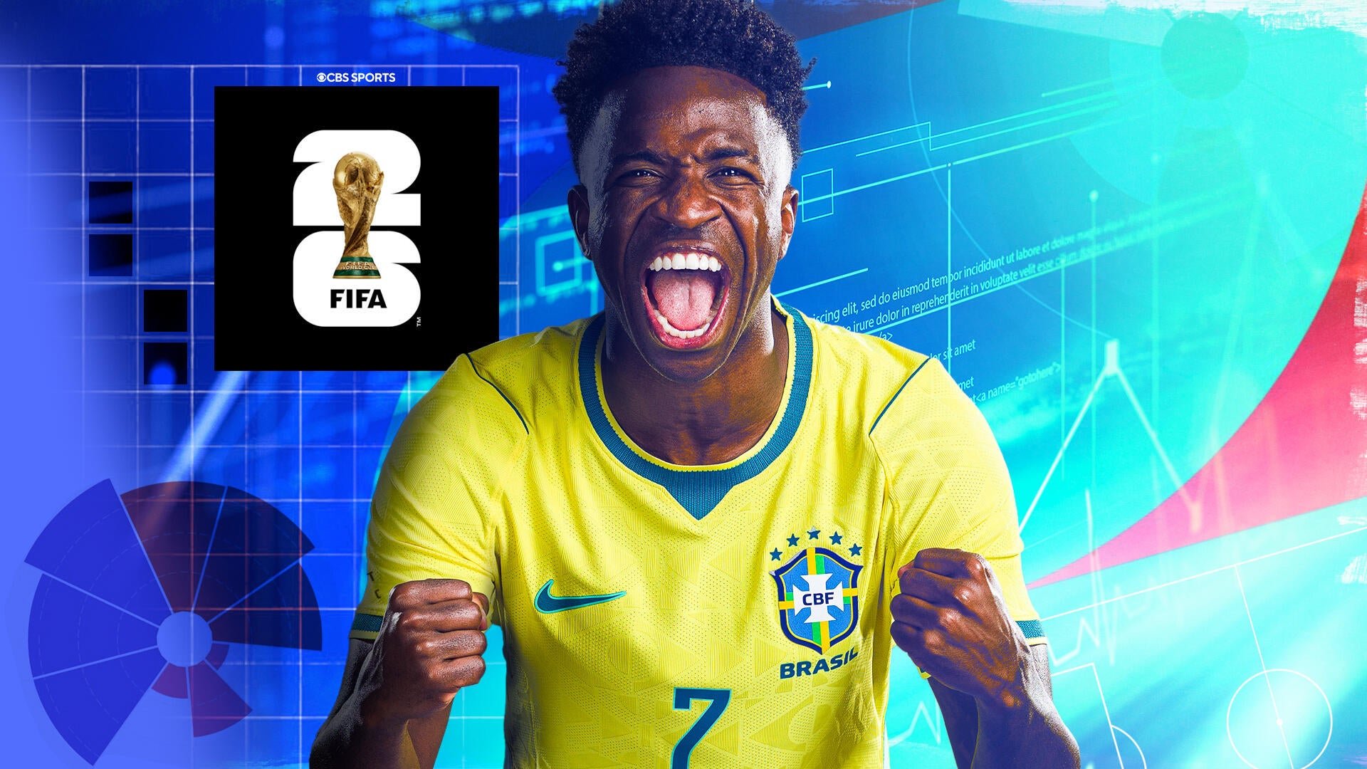 A soccer player in a yellow Brazil jersey marked "7" and "BRASIL" celebrates with clenched fists and an open-mouthed shout, with a CBS Sports FIFA 2026 logo displayed.