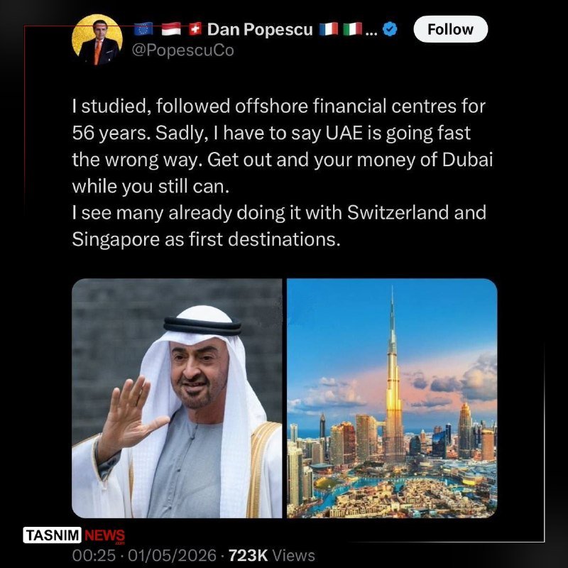 A social media post by "Dan Popescu" (@PopescuCo) features a tweet advising relocation from Dubai to Switzerland or Singapore, alongside images of a man in traditional Gulf attire and Dubai's skyline.