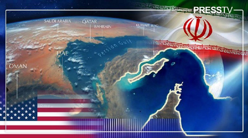 A Press TV graphic displays a map of the Persian Gulf region with Iran outlined in white, labeled neighboring countries, an American flag overlay, and the Iranian flag in the corner.