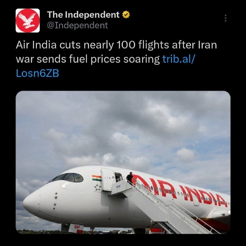 A screenshot of a tweet from The Independent shows a photo of an Air India airplane on the tarmac with boarding stairs extended under a cloudy sky.