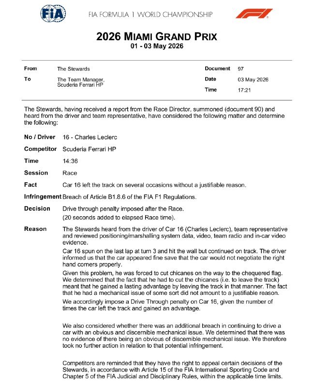 An official FIA document from the 2026 Miami Grand Prix details a stewards' decision regarding Car 16, driver Charles Leclerc of Scuderia Ferrari HP, imposing a 20-second penalty.