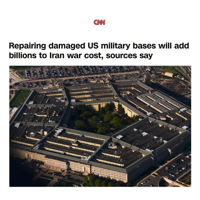 CNN news graphic with headline "Repairing damaged US military bases will add billions to Iran war cost, sources say" above an aerial photo of the Pentagon.