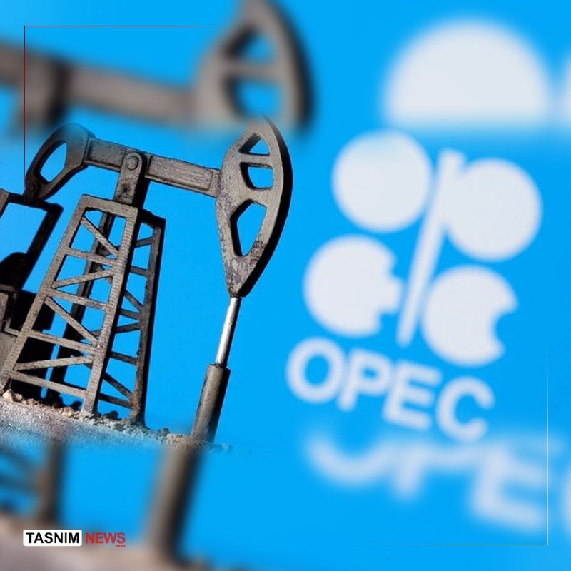 A miniature oil pumpjack model sits in the foreground against a blue backdrop displaying the OPEC logo and text, with a "Tasnim News" watermark visible.