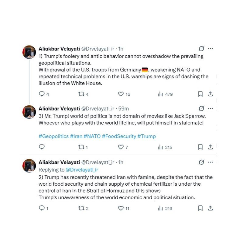 Screenshot of three tweets from Aliakbar Velayati (@Drvelayati_ir) commenting on Trump's foreign policy decisions regarding NATO, Germany, and Iran.