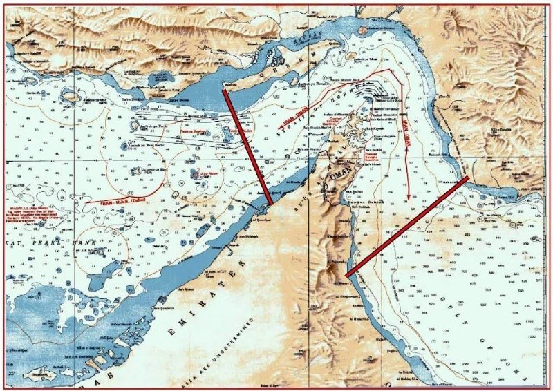 A map shows the Persian Gulf region with red boundary lines marking the maritime borders between the United Arab Emirates, Oman, and Qatar.
