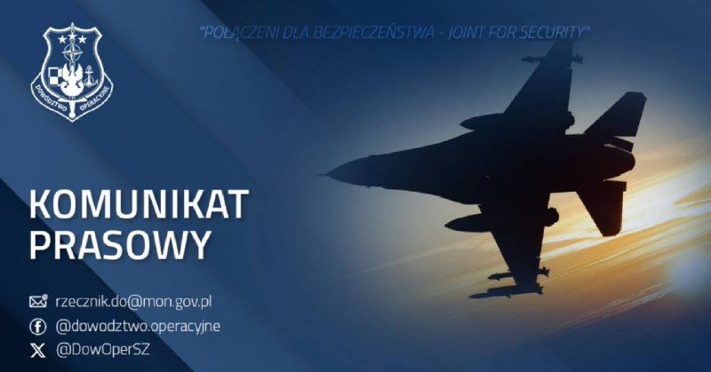 A graphic banner features a fighter jet silhouette against a sunset sky, with the Polish Armed Forces emblem and text reading "KOMUNIKAT PRASOWY" and "POŁĄCZENI DLA BEZPIECZEŃSTWA - JOINT FOR SECURITY."