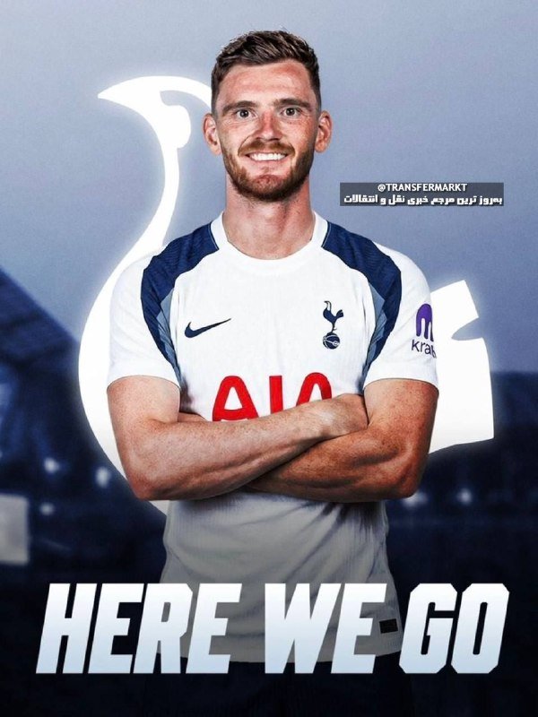 A graphic illustration shows a smiling man in a white and navy Tottenham Hotspur jersey with arms crossed, set against a stadium backdrop with "HERE WE GO" and a Transfermarkt watermark.