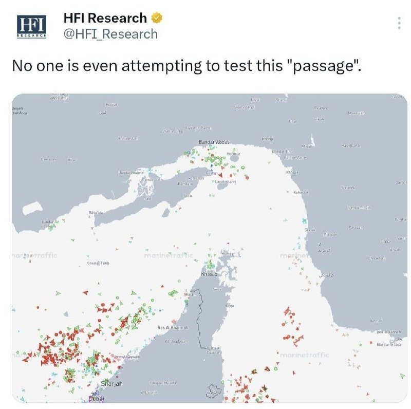 A social media post by HFI Research displays a marine traffic map of the Persian Gulf region showing numerous colored vessel icons clustered near coastal areas including Dubai and Sharjah.
