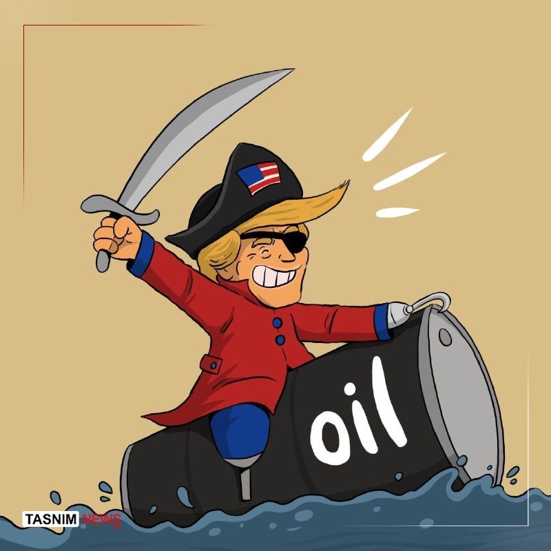 Political cartoon illustration shows a blonde figure in a pirate hat, eye patch, and red coat brandishing a sword while straddling a black oil barrel floating on water.