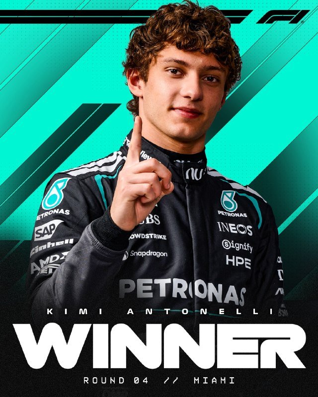 A young man in a black Petronas racing suit points upward against a green Formula 1 graphic background, with text reading "Kimi Antonelli, Winner, Round 04, Miami."