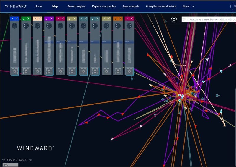 Screenshot of the Windward maritime tracking interface displays a dark map with colorful vessel trajectory lines converging at a central point, alongside a row of vessel info panels and navigation menu at the top.