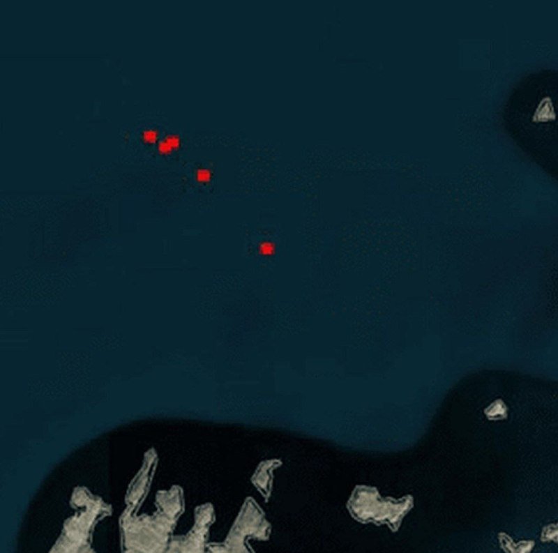 A digital illustration or graphic depicts a dark teal water area with red markers and lighter landmass shapes along the edges.