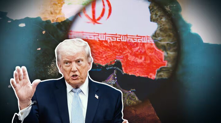 A man in a dark suit gestures while speaking, overlaid on a graphic showing a map of the Persian Gulf region and the Iranian flag.