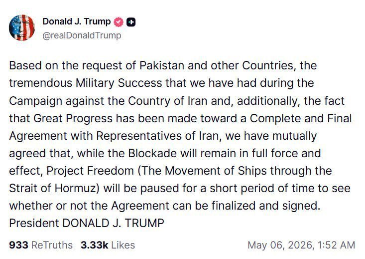 A social media post by verified user "Donald J. Trump" (@realDonaldTrump), featuring a US flag profile picture, announces a mutual agreement to pause "Project Freedom" involving the Strait of Hormuz.
