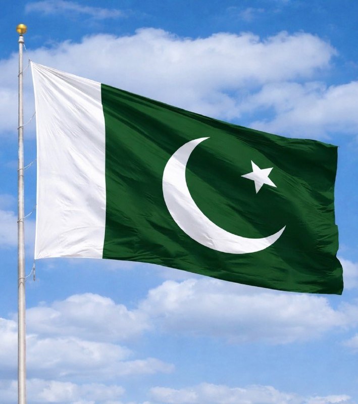 The flag of Pakistan, featuring a white crescent and star on a green field with a white vertical stripe, waves on a flagpole against a blue cloudy sky.