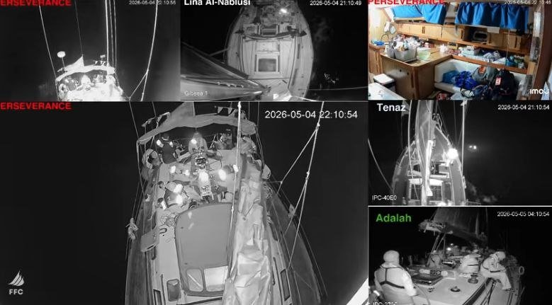 A six-panel grid of nighttime sailing footage shows crew members working on a sailboat's deck, alongside interior cabin views and a labeled "PERSEVERANCE" vessel, with timestamps and boat names visible.