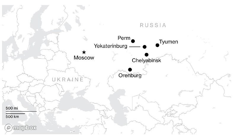 A map of Russia and Ukraine marks Moscow with a star and labels the cities of Perm, Yekaterinburg, Tyumen, Chelyabinsk, and Orenburg with black dots.