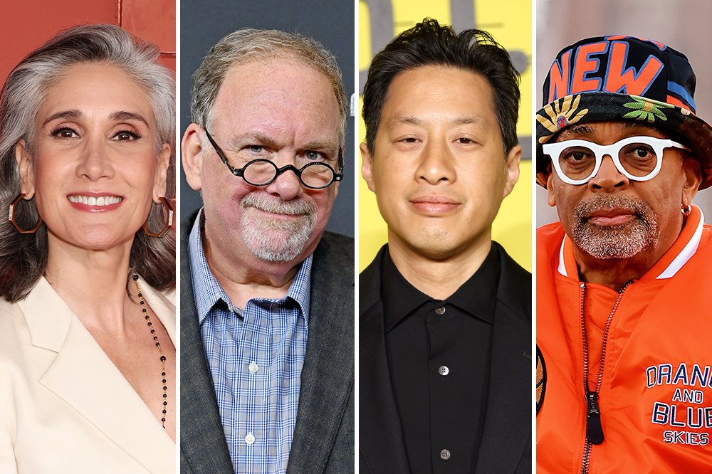 A composite image shows four side-by-side headshots of individuals: a gray-haired woman in a cream blazer, a man with round glasses and a beard, a man in a black shirt, and a man in an orange "Orange and Blue Skies" jacket and patterned hat.