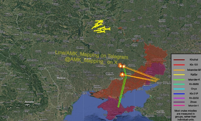 Satellite map of Ukraine and Moldova shows colored lines and shaded areas depicting drone or missile flight paths and impact zones, with a legend identifying Russian weapon systems.