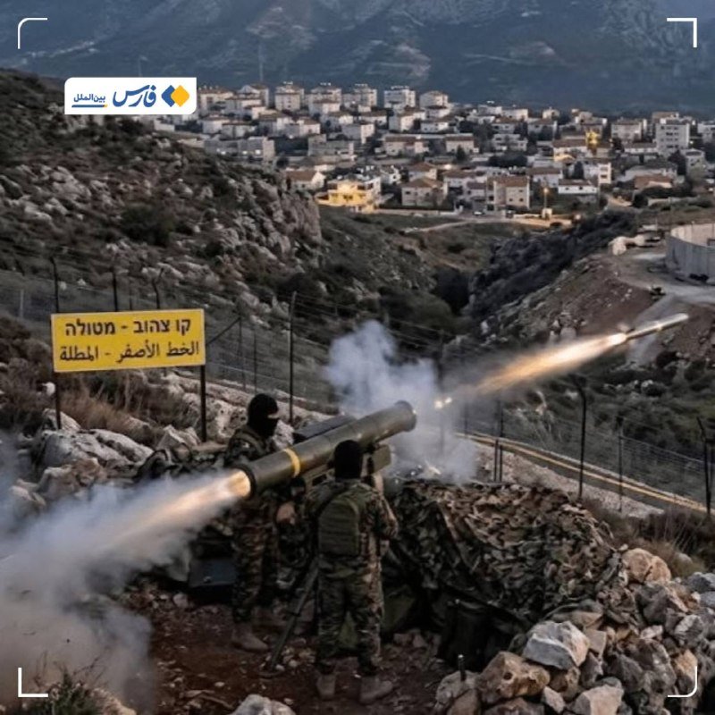 Two masked individuals in camouflage operate a camouflaged rocket launcher on a rocky hillside, with smoke and a visible projectile launch toward a town below.
