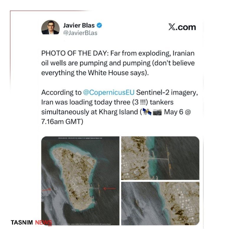A screenshot of a verified X.com post by Javier Blas featuring three Sentinel-2 satellite images of Kharg Island with red arrows pointing to docked tankers, watermarked by Tasnim News.