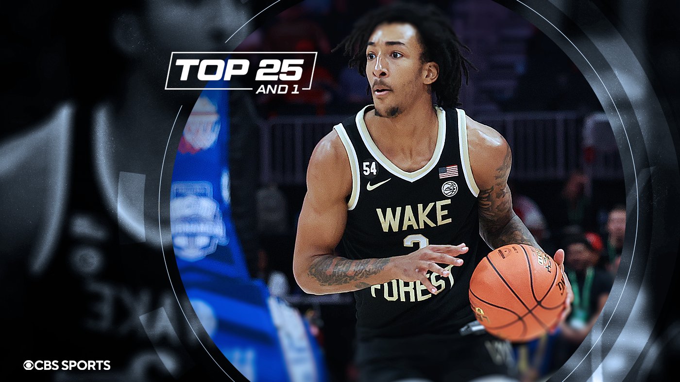 A graphic illustration shows a basketball player in a black "Wake Forest" jersey dribbling a basketball, with "TOP 25 AND 1" and "CBS Sports" text overlays.