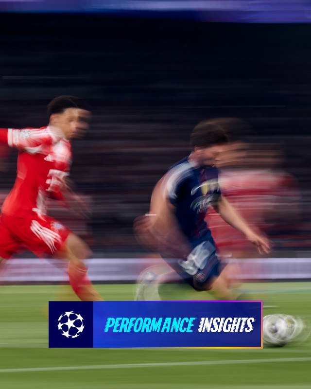 Two blurred soccer players in red and dark blue kits run on a green pitch, with a "PERFORMANCE INSIGHTS" Champions League graphic overlay at the bottom.