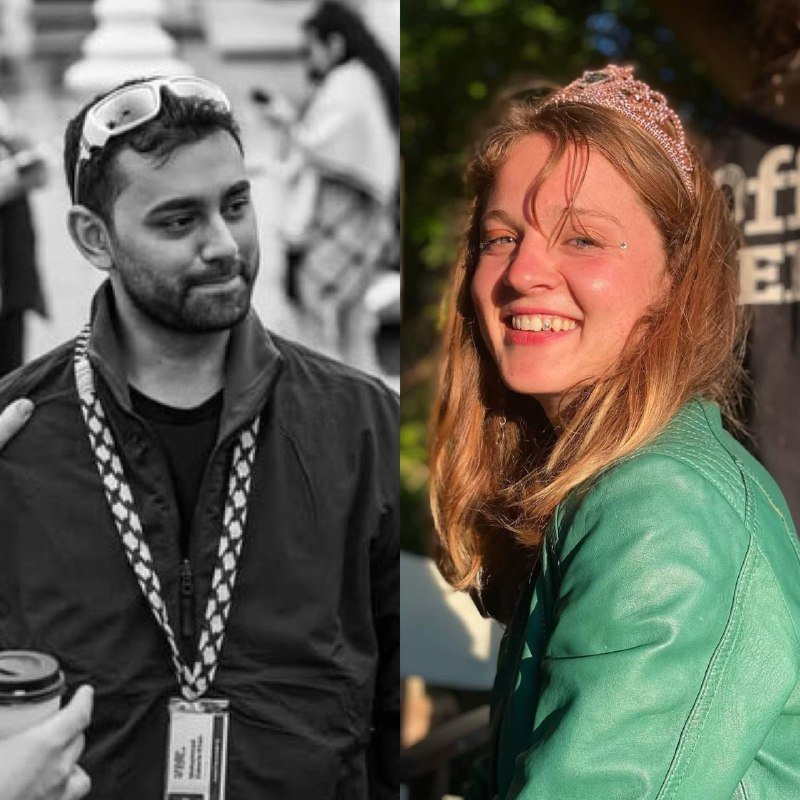 A side-by-side image shows a man in a dark jacket with goggles on his head in a black-and-white photo, and a smiling woman wearing a tiara and green jacket in color.