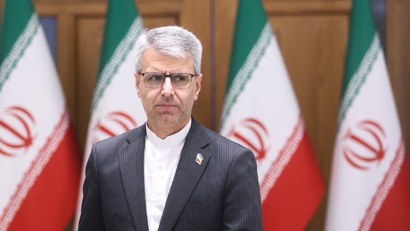 A gray-haired man wearing glasses, a dark pinstripe suit, and a lapel pin stands in front of multiple Iranian flags.