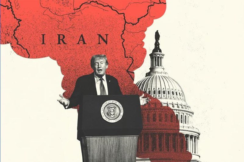 A man in a suit speaks at a presidential podium against a red illustrated backdrop labeled "IRAN" alongside an image of the U.S. Capitol dome.