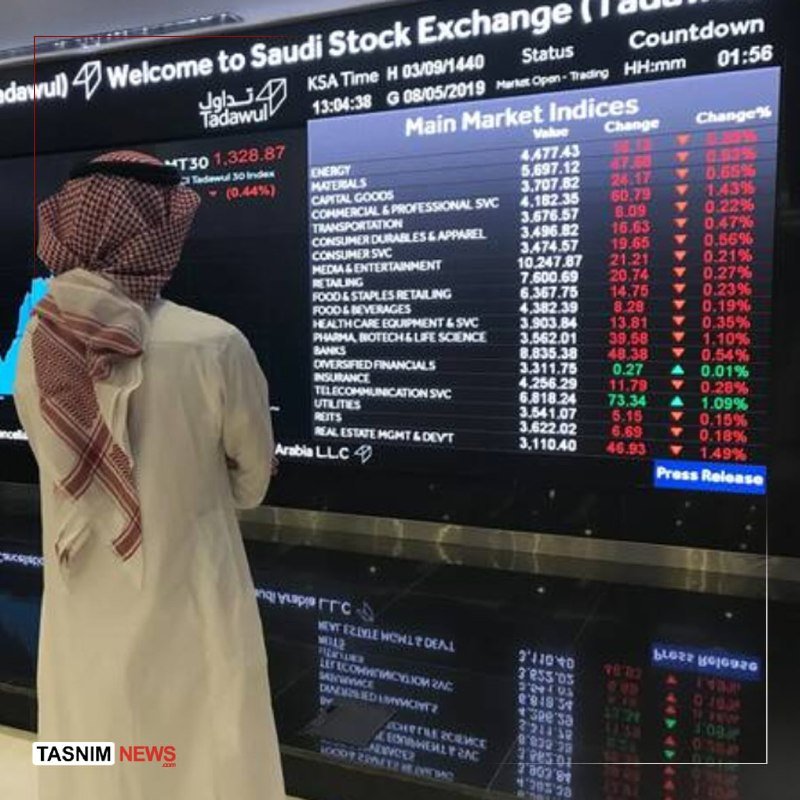 A man in traditional Arab attire stands viewing a large digital screen displaying "Welcome to Saudi Stock Exchange" with main market indices and a countdown timer.