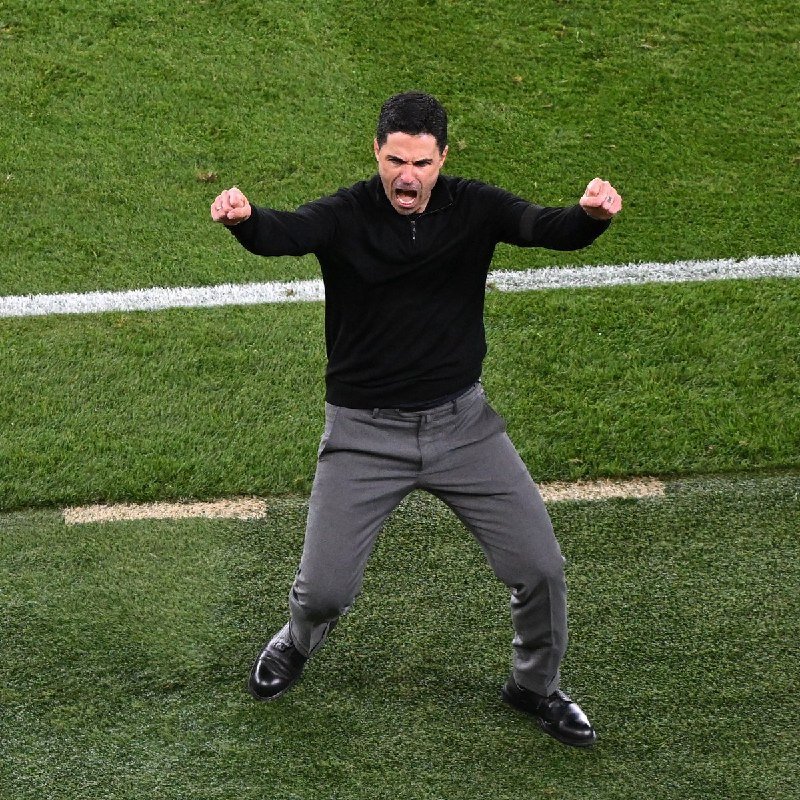 A man in a black sweater and gray trousers stands on a grassy field with white lines, raising his clenched fists and shouting.