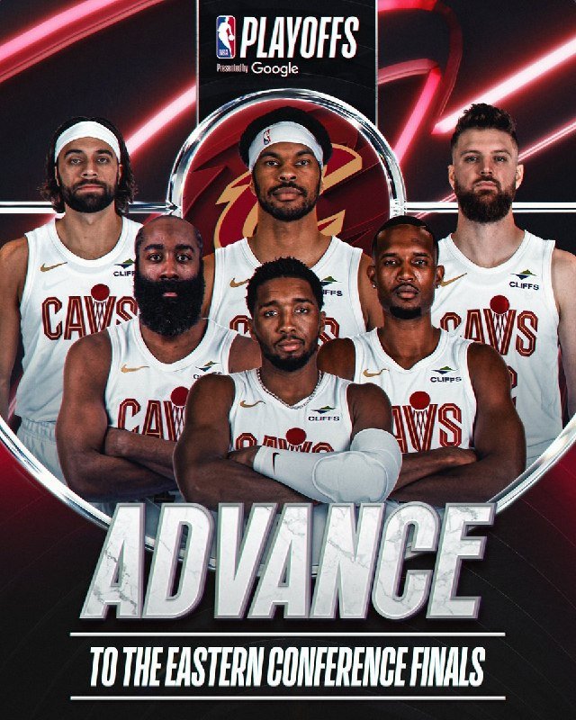 Six basketball players in white "CAVS" jerseys pose beneath "NBA PLAYOFFS" branding, with text reading "ADVANCE TO THE EASTERN CONFERENCE FINALS."