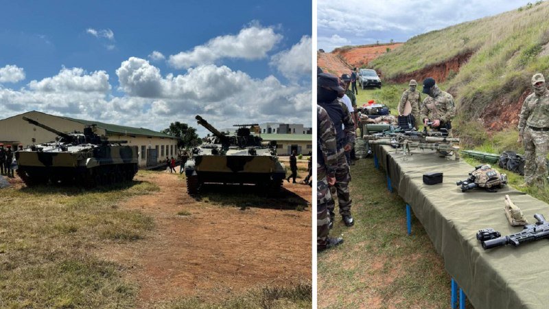 Two split images show armored military vehicles parked near buildings on the left, and armed personnel in camouflage standing beside a table of displayed weapons outdoors on the right.