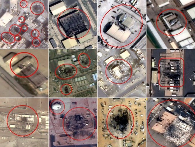 A grid of twelve satellite/aerial images showing various buildings and industrial structures, each marked with red circles highlighting damaged or specific areas.