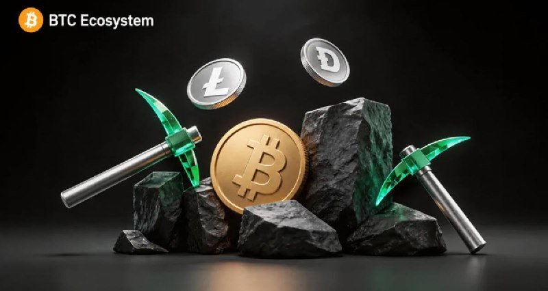 A digital illustration shows a gold Bitcoin coin, Litecoin, and Dogecoin tokens among dark rocks flanked by two glowing green pickaxes, with "BTC Ecosystem" labeled in the corner.