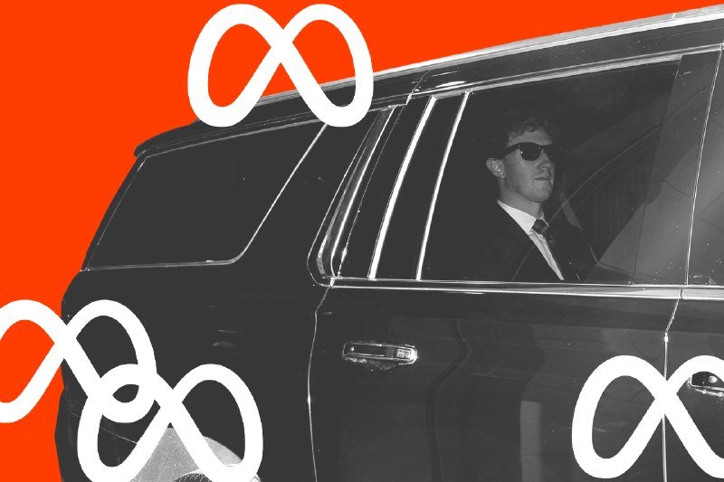 A man in a suit and sunglasses sits in the back of a black SUV, shown in black-and-white against a red background with white looping scribble graphics.