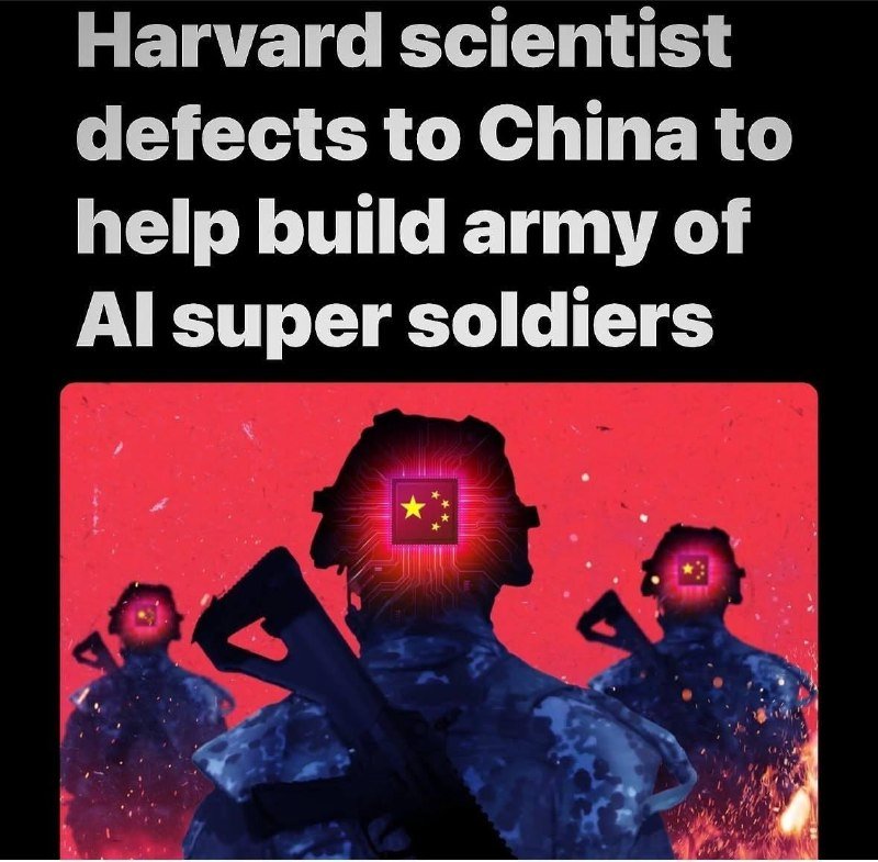 A graphic illustration shows three silhouetted soldiers with glowing Chinese flag symbols in place of their heads, set against a red background, below headline text about a Harvard scientist defecting to China.