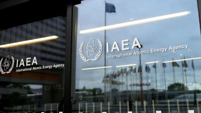 The IAEA (International Atomic Energy Agency) logo and name are displayed on glass doors, with flagpoles visible in the reflection.