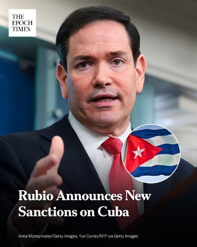 A dark-haired man in a dark suit and red tie speaks while gesturing with his hand, with a Cuban flag graphic and "Rubio Announces New Sanctions on Cuba" text overlaid, credited to The Epoch Times.