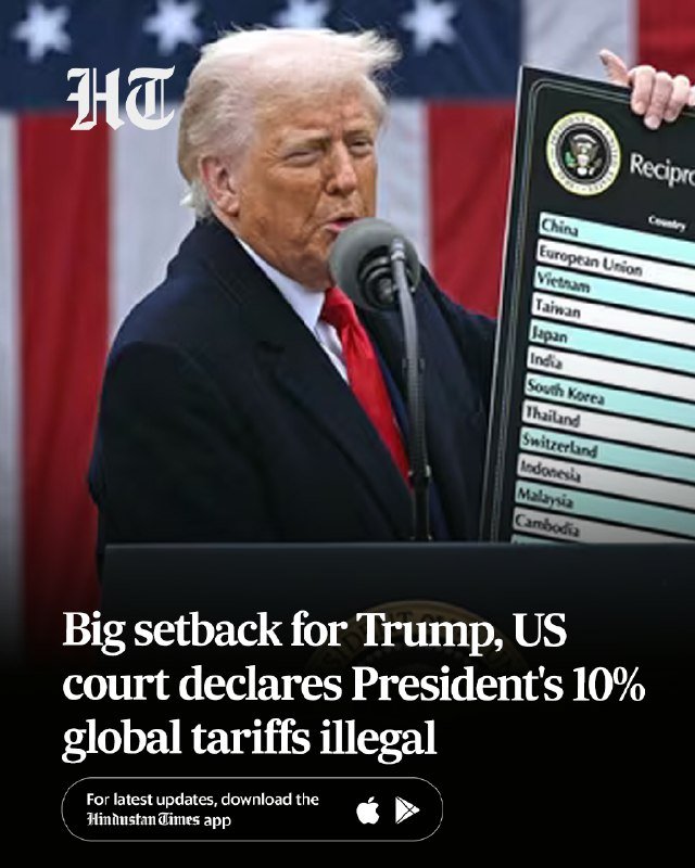 A man in a suit speaks at a podium before an American flag, holding a board listing countries under "Reciprocal" tariffs, with overlaid news text declaring the tariffs illegal.