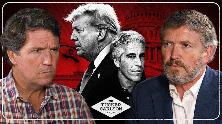 A promotional graphic for "The Tucker Carlson Show" features four men's portraits against a red background with the U.S. Capitol dome visible.
