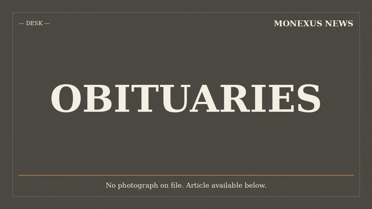 A black graphic with diagonal stripes displays "MONEXUS NEWS" in the top right, "— DESK —" in the top left, the word "OBITUARIES" centered, and "No photograph on file. Article available below." at the bottom.