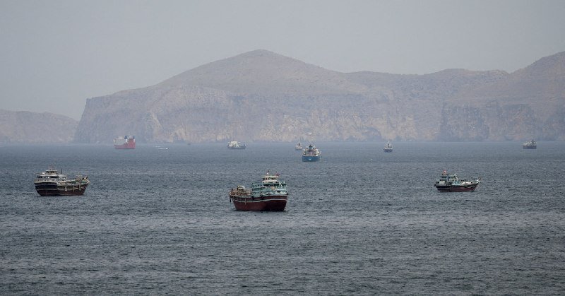 Multiple cargo vessels and fishing boats float on calm hazy waters in front of a large, barren mountainous coastline.