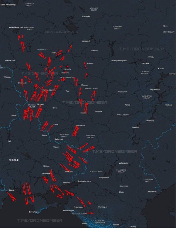 A dark map of western Russia and eastern Ukraine displays numerous red arrows pointing toward Russian cities, watermarked "T.ME/DRONBOMBER."