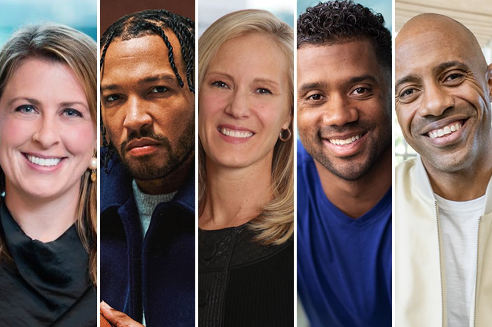 A side-by-side composite shows five headshot portraits of four smiling adults and one serious-looking man with braided hair, against varied plain backgrounds.