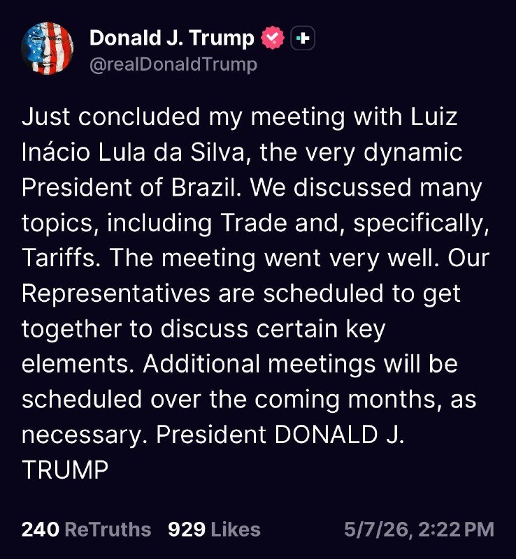 A screenshot of a social media post by Donald J. Trump stating he concluded a meeting with Brazilian President Luiz Inácio Lula da Silva to discuss trade and tariffs.