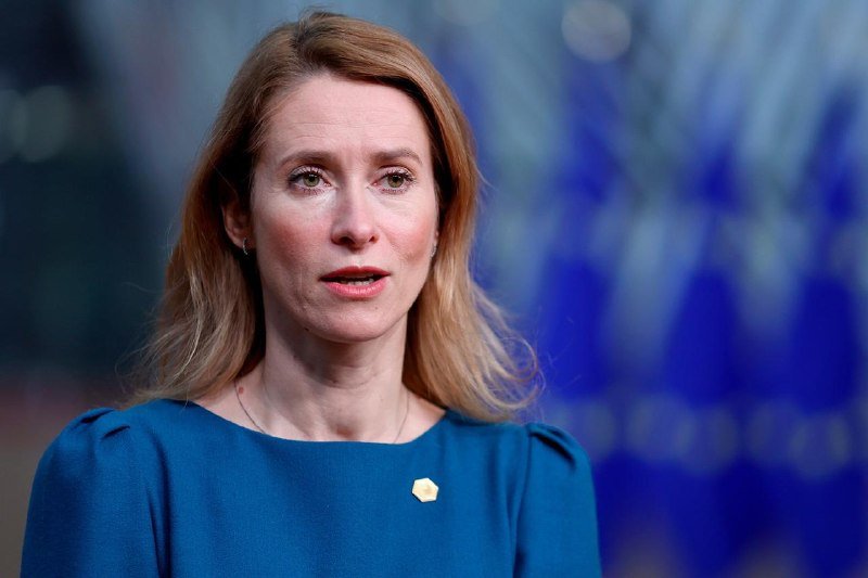 A woman with shoulder-length blonde hair wearing a blue top and a small gold pin speaks in front of blurred blue flags.
